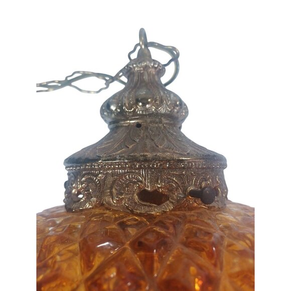 VTG MCM 1960s XL Amber Glass & Brass Pineapple Diamond Quilted Hanging Swag Lamp - Picture 3 of 11
